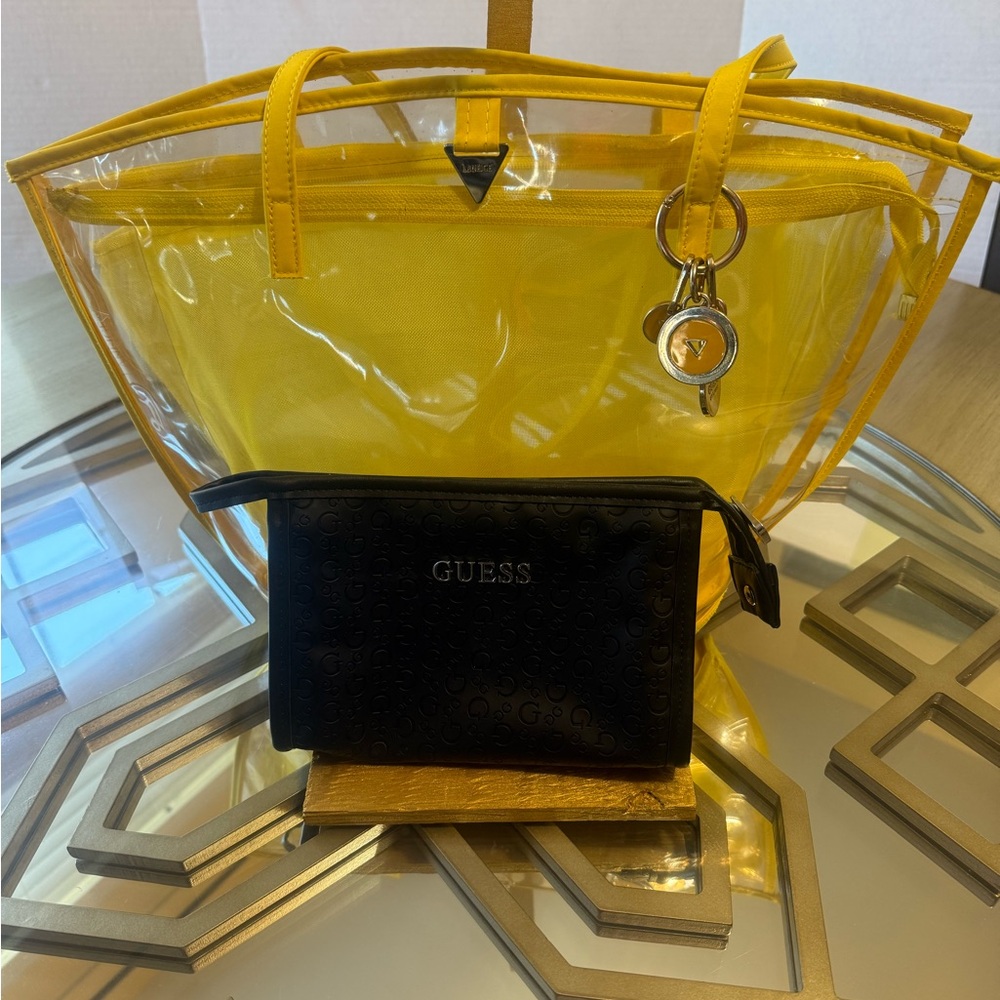 Guess Yellow Clear Tote with Black Logo Pouch